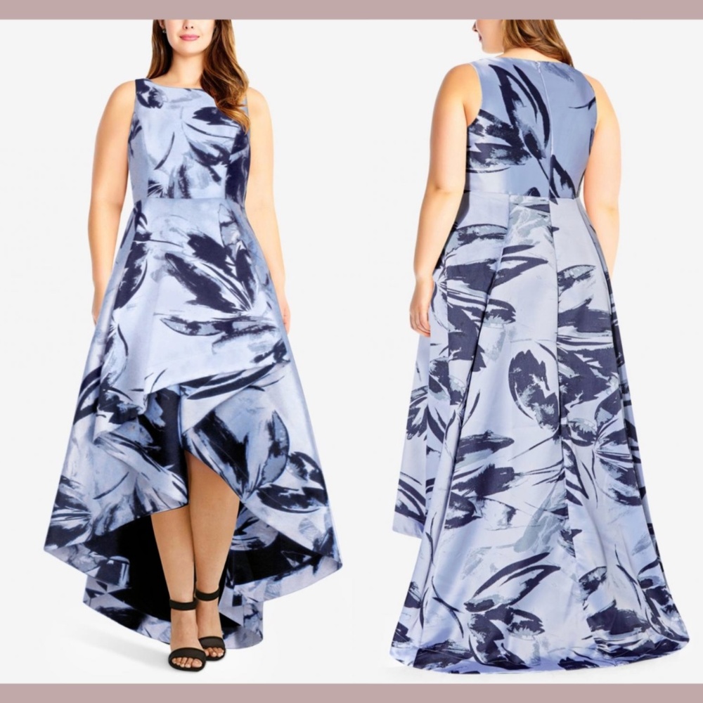 Nwt $299 Adrianna Papell [ Plus 16w ] Floral Jacquard High-Low Gown Blue #Q137